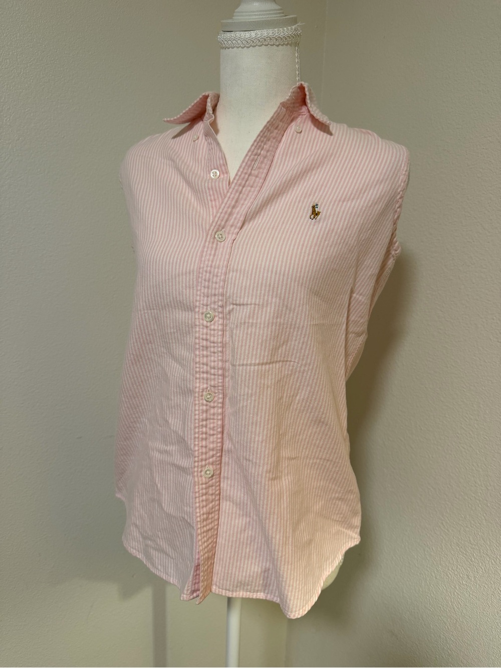 Ralph Lauren Pink and White Striped Button-Down Sleeveless Collared Pony Shirt - Picture 2 of 7